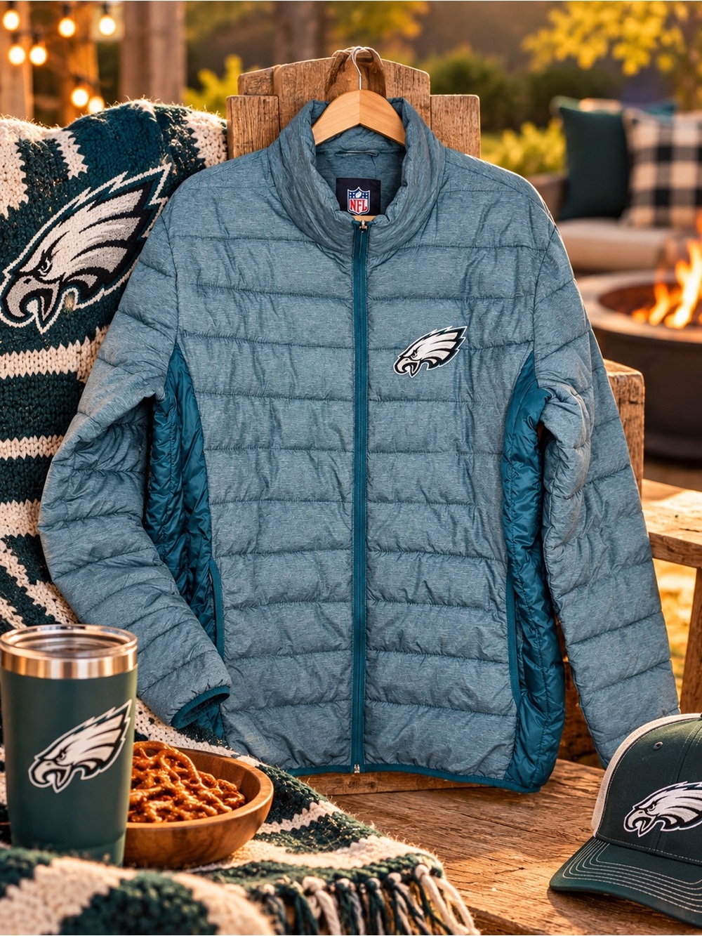 NFL Philadelphia Eagles Puffer Jacket Men’s L Teal Lightweight Full Zip
